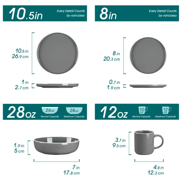 Vancasso 16/32 Piece Grey Stoneware Set Sesame Glaze Ceramic Dinnerware Set with 4PCS Dinner/Dessert Plate/Soup Bowl/Mug - Image 2