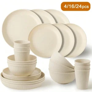 4/16/24pcs Plastic Dinnerware Set, Reusable Cup, Plate And Bowl Set, Suitable For Camper, Camping, Picnic, Dormitory, Beige