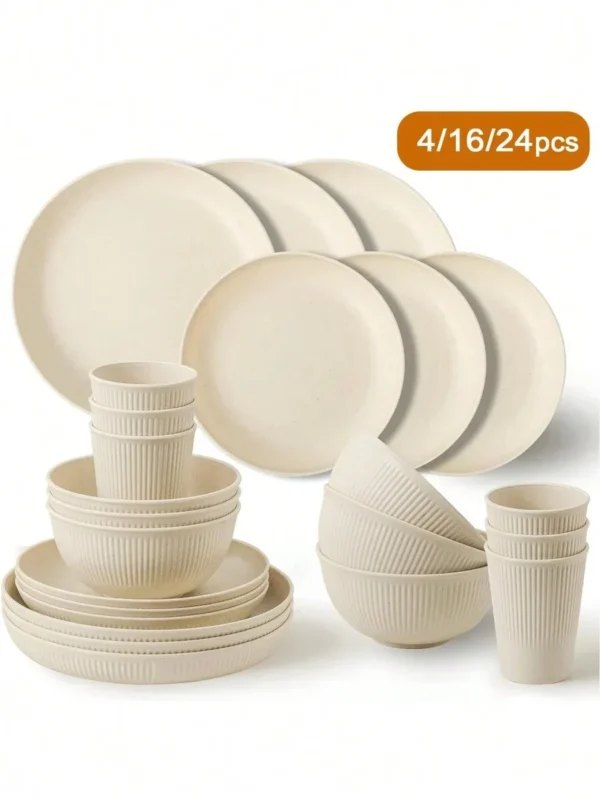 4/16/24pcs Plastic Dinnerware Set, Reusable Cup, Plate And Bowl Set, Suitable For Camper, Camping, Picnic, Dormitory, Beige