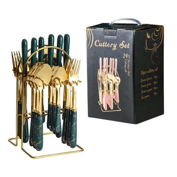 24 pcs stainless steel tableware light luxury style marble ceramic handle main dinner knife, fork, spoon, teaspoon gift set - Image 6
