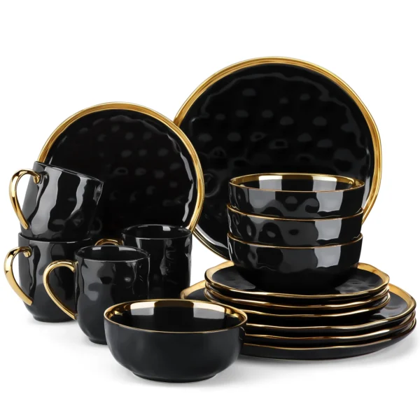 LOVECASA 16/32 Piece Black Porcelain Dinnerware Set with Gold Trim Dessert Plate,Dinner Plate,Cup,Bowl Tableware Set - Image 5