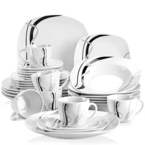 VEWEET 30/60 Piece Black Lines Porcelain Ceramic Tableware Set with Dessert Plates/Soup Plates/Dinner Plates/Cups/Saucers