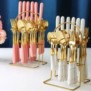 24 pcs stainless steel tableware light luxury style marble ceramic handle main dinner knife, fork, spoon, teaspoon gift set