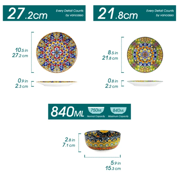 vancasso 12 Piece Ceramic Dinner Plate Double sided Painting Bohemian Style Dinnerware Set with 4PCS Dinner Plate/Dessert/Bowl - Image 2