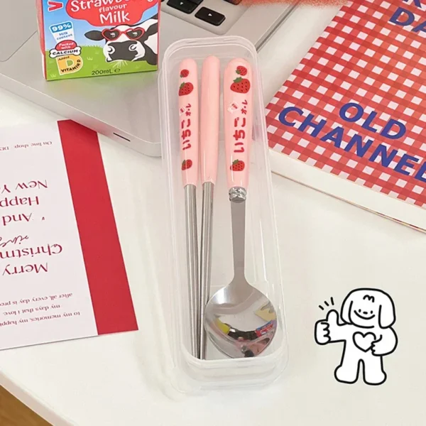 Ceramic Handle Dinnerware Strawberry Chopsticks Spoon Fork Cutlery Set with Case Portable Travel Stainless Steel Tableware - Image 4