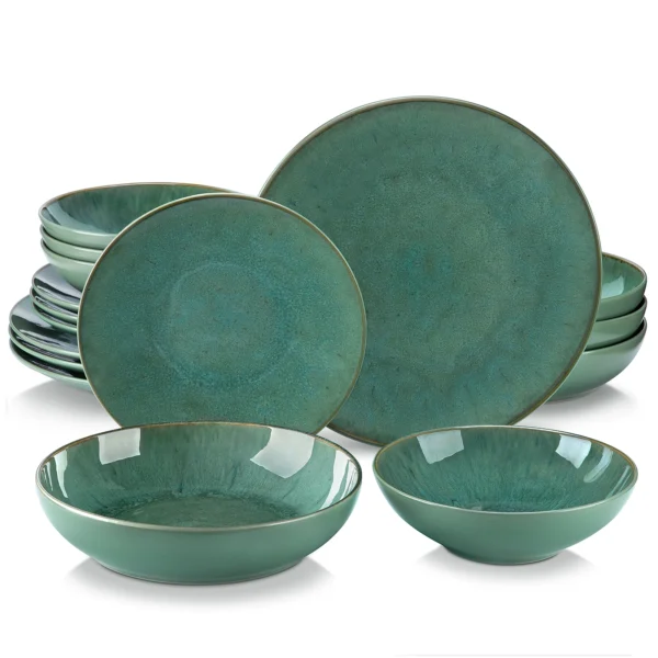 Vancasso 16/32 Piece Green Embossed Stoneware Tableware Set with 4PCS Dinner/Dessert Plate/Soup Bowl/Mug Service for 4/8/12 - Image 8