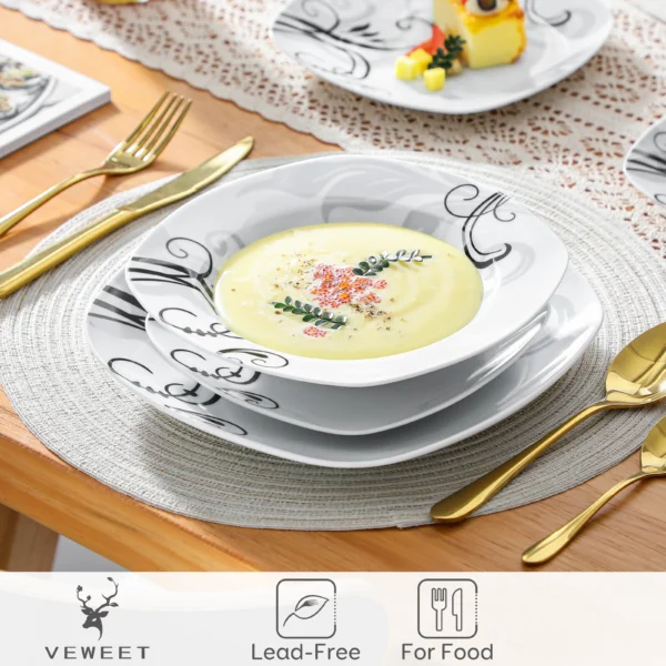 VEWEET 48-Piece Black Decals Dinner Combi-Set Porcelain Tableware Set with Bowls Dessert Plates Soup Plate Dinner Plates - Image 4