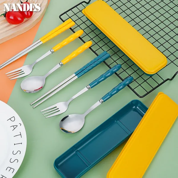 3pcs Set Portable Dinnerware Kit Spoon Fork Chopstick Cutlery Tableware with Box Set Stainless Steel Travelling Dinnerware Set - Image 2