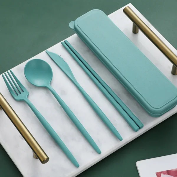 4Pcs Wheat Straw Dinnerware Set Portable ravel Cutlery Reusable Chopstick Fork Knife Spoon Tableware Utensil Box Chopsticks Set - Image 3