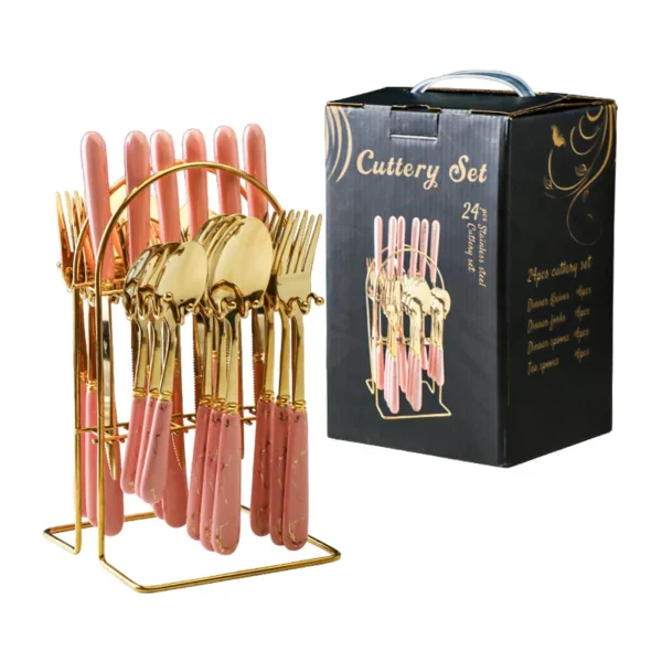 24 pcs stainless steel tableware light luxury style marble ceramic handle main dinner knife, fork, spoon, teaspoon gift set - Image 5