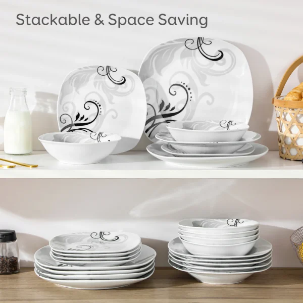 VEWEET 48-Piece Black Decals Dinner Combi-Set Porcelain Tableware Set with Bowls Dessert Plates Soup Plate Dinner Plates - Image 6