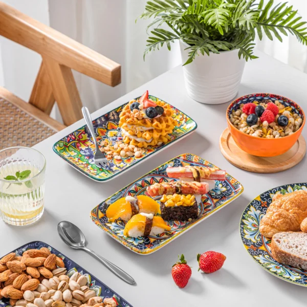 vancasso 6/12 Piece Porcelain Rectangular Serving Plates Bohemian 8.5inch Dinner Plates Set for Beef/Food/Noodles/Pasta 6 People - Image 5