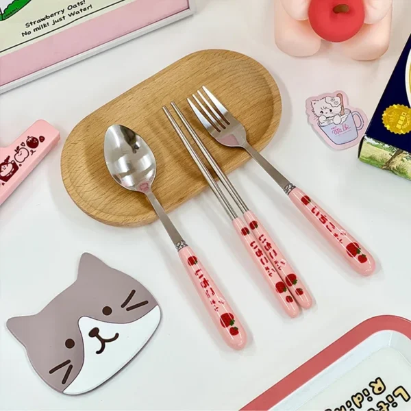 Ceramic Handle Dinnerware Strawberry Chopsticks Spoon Fork Cutlery Set with Case Portable Travel Stainless Steel Tableware - Image 6