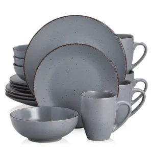 VANCASSO MODA Series 16/32/48 Piece Pottery Dinner Set Grey Stoneware Tableware Set with Dinner Plate,Dessert Plate,Bowls,Cups