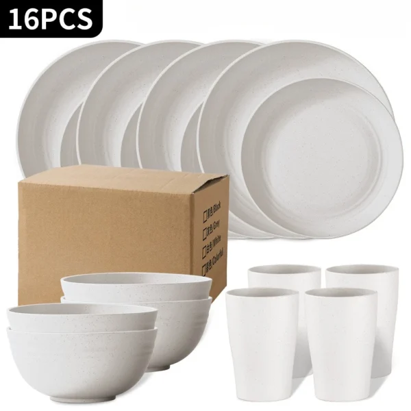 16PCS Wheat Straw PP Tableware Set Plates Bowls Cups for Home Restaurant Reusable Plastic Tableware Sets for 4 People Dinner - Image 2