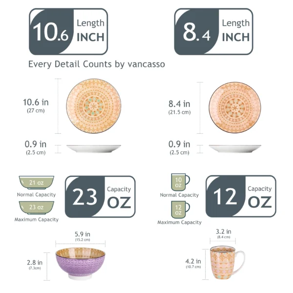 vancasso 16/32-Piece 4-Color 4-Design Porcelain Dinnerware Set Plate Set with 4PCS Dinner Plate,Dessert Plate,Bowl,Mug Set - Image 2
