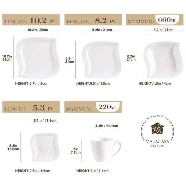 MALACASA 30/60 Piece White Porcelain Dinner Set with Cups Saucers Dessert Soup Dinner Plates Tableware Service for 6/12 - Image 2