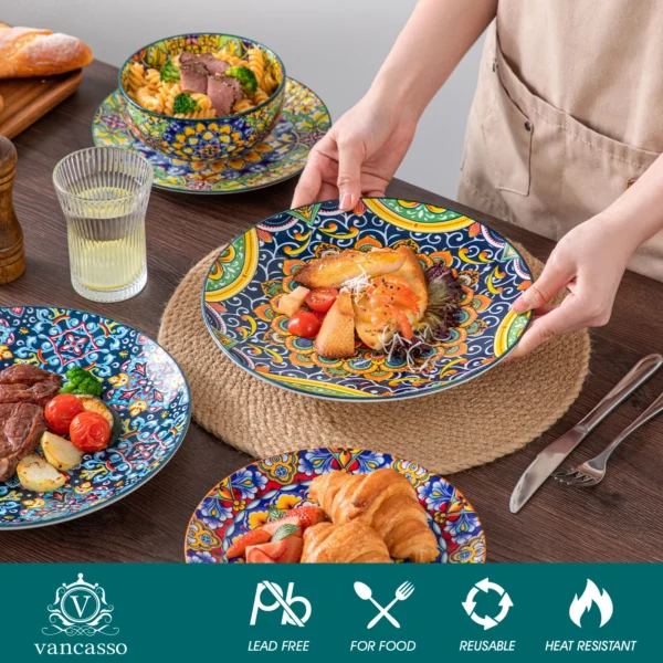 vancasso 12 Piece Ceramic Dinner Plate Double sided Painting Bohemian Style Dinnerware Set with 4PCS Dinner Plate/Dessert/Bowl - Image 3