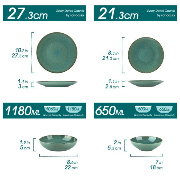 Vancasso 16/32 Piece Green Embossed Stoneware Tableware Set with 4PCS Dinner/Dessert Plate/Soup Bowl/Mug Service for 4/8/12 - Image 2