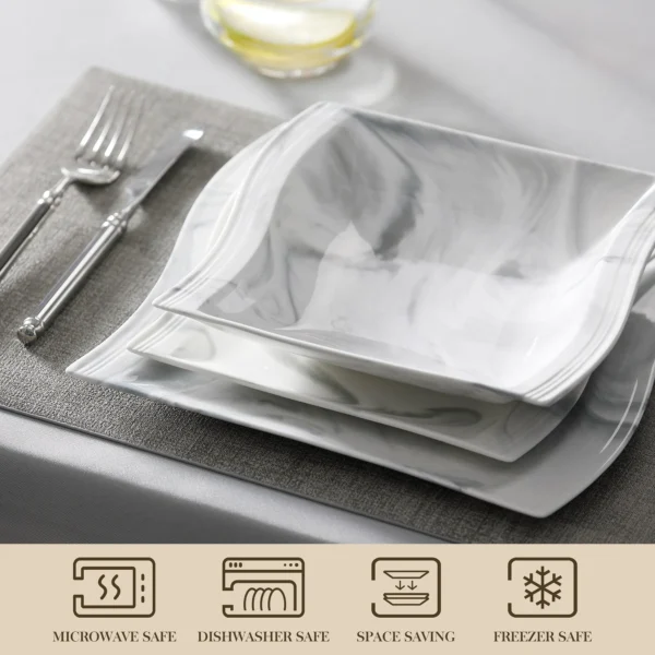 MALACASA FLORA 30/60PCS Marble Porcelain Dinnerware Set with 12*Dinner Plate,Dessert Plate,Soup Plate,Cups&Saucers Tableware Set - Image 2