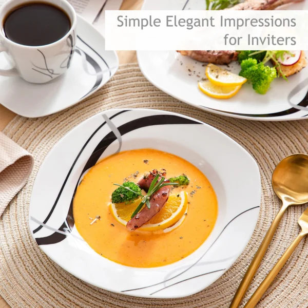 VEWEET 30/60 Piece Black Lines Porcelain Ceramic Tableware Set with Dessert Plates/Soup Plates/Dinner Plates/Cups/Saucers - Image 4