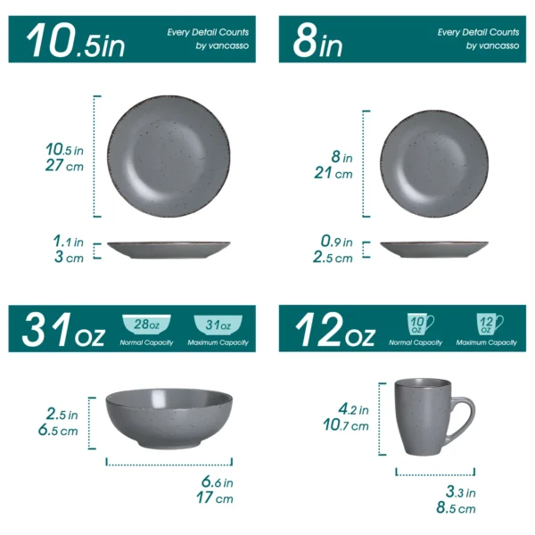 VANCASSO MODA Series 16/32/48 Piece Pottery Dinner Set Grey Stoneware Tableware Set with Dinner Plate,Dessert Plate,Bowls,Cups - Image 2