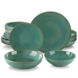 Vancasso 16/32 Piece Green Embossed Stoneware Tableware Set with 4PCS Dinner/Dessert Plate/Soup Bowl/Mug Service for 4/8/12