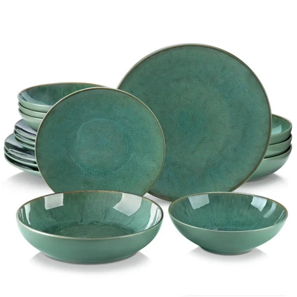 Vancasso 16/32 Piece Green Embossed Stoneware Tableware Set with 4PCS Dinner/Dessert Plate/Soup Bowl/Mug Service for 4/8/12