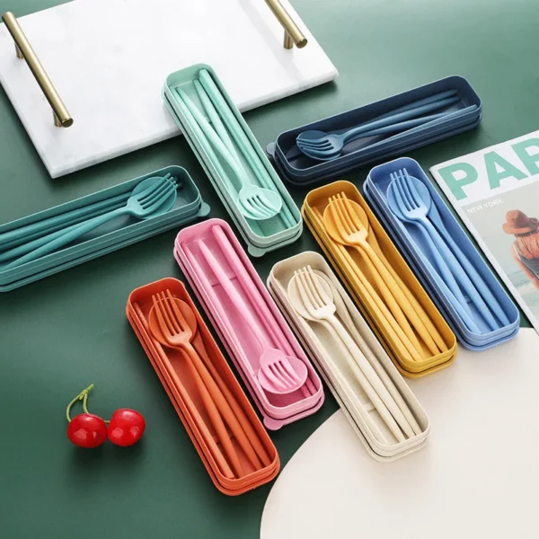 4Pcs Wheat Straw Dinnerware Set Portable ravel Cutlery Reusable Chopstick Fork Knife Spoon Tableware Utensil Box Chopsticks Set