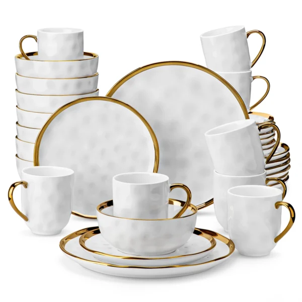 LOVECASA 16/32 Piece White Handmade Dinnerware Set with Gold Trim Stonewre Set Dinner Plate/Dessert Plate/Cup/Bowl Tableware Set - Image 5