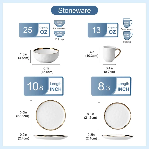 LOVECASA 16/32 Piece White Handmade Dinnerware Set with Gold Trim Stonewre Set Dinner Plate/Dessert Plate/Cup/Bowl Tableware Set - Image 2