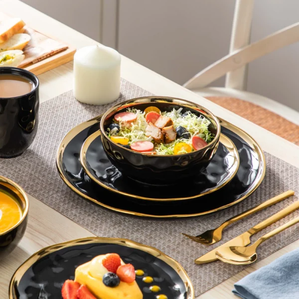 LOVECASA 16/32 Piece Black Porcelain Dinnerware Set with Gold Trim Dessert Plate,Dinner Plate,Cup,Bowl Tableware Set - Image 4