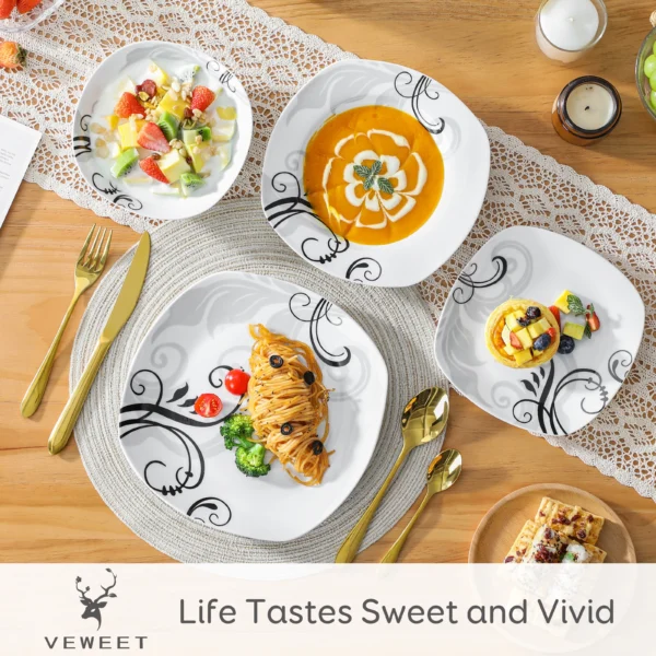 VEWEET 48-Piece Black Decals Dinner Combi-Set Porcelain Tableware Set with Bowls Dessert Plates Soup Plate Dinner Plates - Image 3
