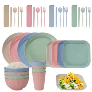36Pcs/set Wheat Straw Eco-Friendly Ramen Bowl Wheat Dinnerware Sets Unbreakable Eco-Friendly Reusable Tableware Set for Picnic
