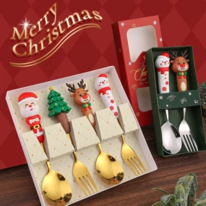 Christmas Coffee Spoons Forks Set Stainless Steel Spoon Forks Christmas Gifts for Kids Fruit Fork Coffee Spoon Dessert Spoon Set