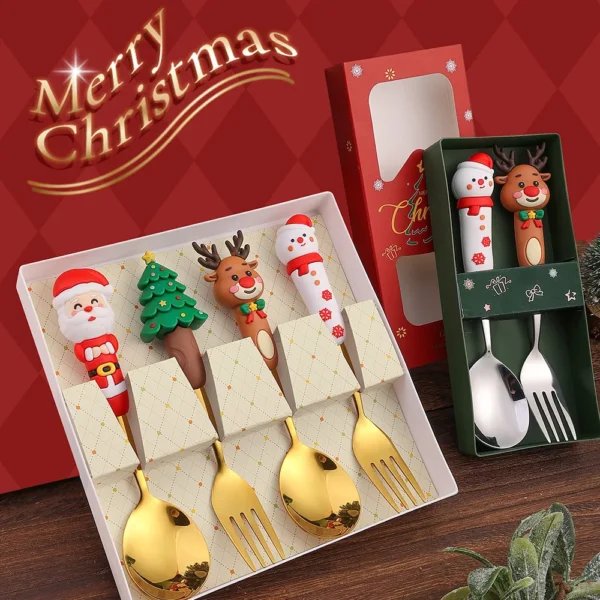 Christmas Coffee Spoons Forks Set Stainless Steel Spoon Forks Christmas Gifts for Kids Fruit Fork Coffee Spoon Dessert Spoon Set