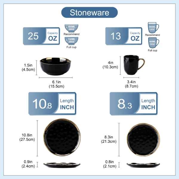 LOVECASA 16/32 Piece Black Porcelain Dinnerware Set with Gold Trim Dessert Plate,Dinner Plate,Cup,Bowl Tableware Set - Image 2