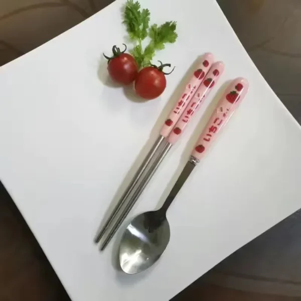 Ceramic Handle Dinnerware Strawberry Chopsticks Spoon Fork Cutlery Set with Case Portable Travel Stainless Steel Tableware - Image 9