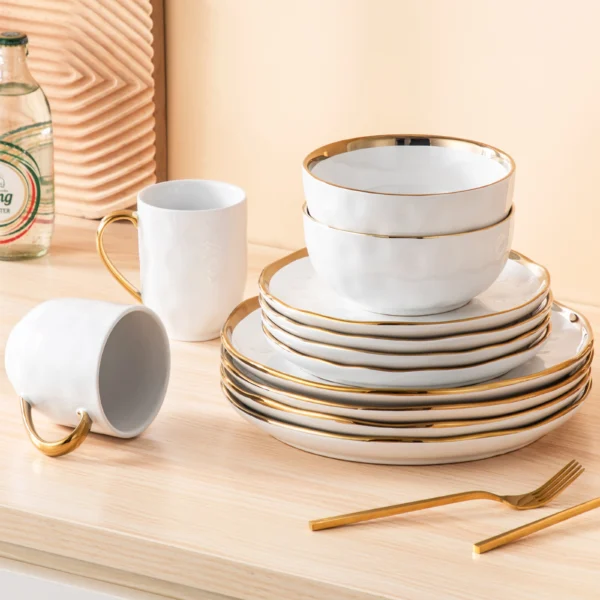 LOVECASA 16/32 Piece White Handmade Dinnerware Set with Gold Trim Stonewre Set Dinner Plate/Dessert Plate/Cup/Bowl Tableware Set - Image 4