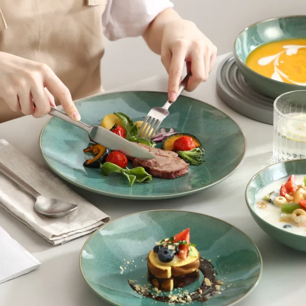 Vancasso 16/32 Piece Green Embossed Stoneware Tableware Set with 4PCS Dinner/Dessert Plate/Soup Bowl/Mug Service for 4/8/12 - Image 5