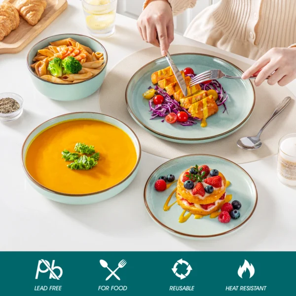 vancasso LOIRE 16/32 Piece Green Ceramic Dinnerware Set Oven Safe Stoneware Set with 4 PCS Dinner Plate/Dessert Plate/Soup/ Bowl - Image 4