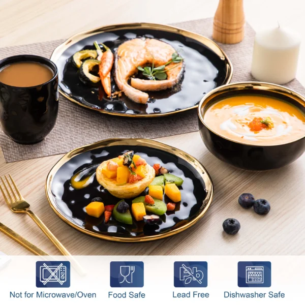 LOVECASA 16/32 Piece Black Porcelain Dinnerware Set with Gold Trim Dessert Plate,Dinner Plate,Cup,Bowl Tableware Set - Image 3