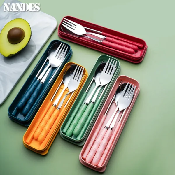 3pcs Set Portable Dinnerware Kit Spoon Fork Chopstick Cutlery Tableware with Box Set Stainless Steel Travelling Dinnerware Set