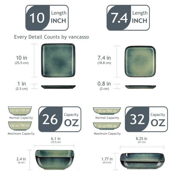Vancasso Stern Dinner Set Green Square Kiln Change Glaze Tableware 16 Piece Kitchen Dinnerware Ceramic Crockery Set for 4 Person - Image 2