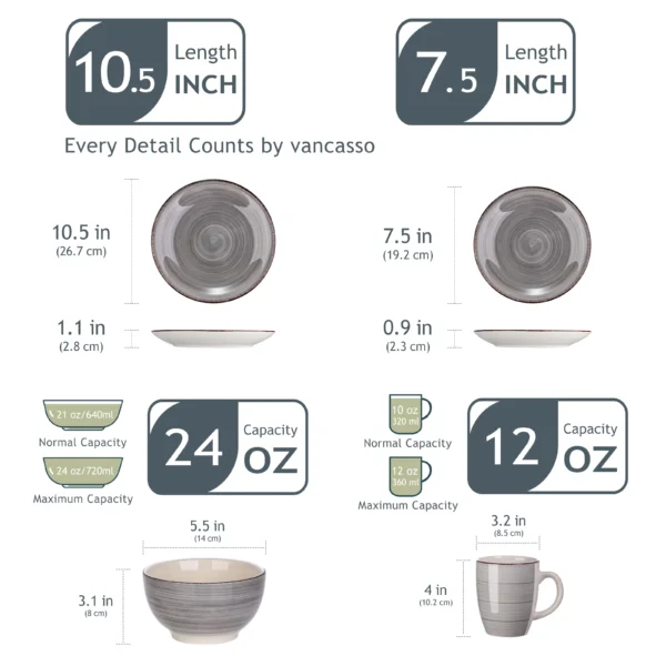 vancasso 16/32/48-Pieces Porcelain Dinner Set Grey Vintage Ceramic Tableware Set with Dinner Plate,Dessert Plate,Bowl,Mug - Image 2