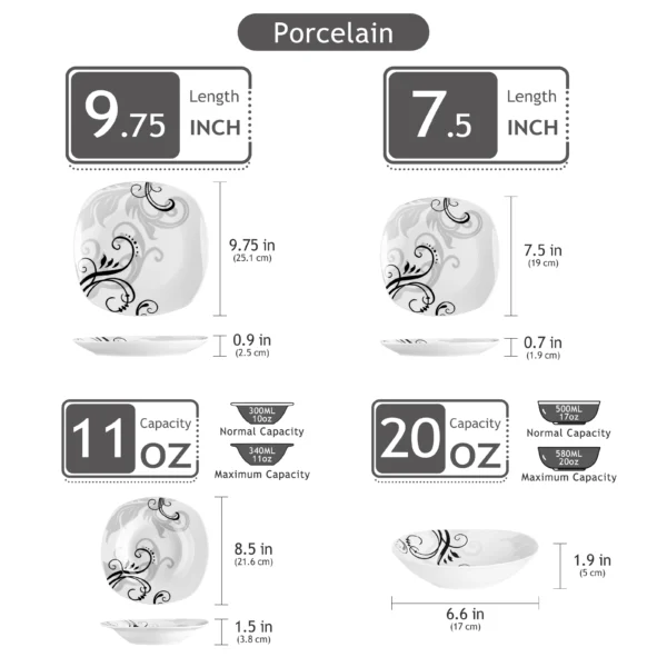 VEWEET 48-Piece Black Decals Dinner Combi-Set Porcelain Tableware Set with Bowls Dessert Plates Soup Plate Dinner Plates - Image 2
