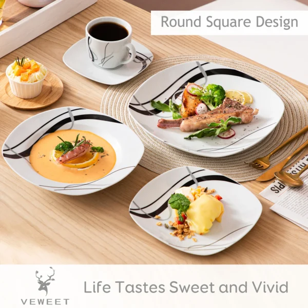 VEWEET 30/60 Piece Black Lines Porcelain Ceramic Tableware Set with Dessert Plates/Soup Plates/Dinner Plates/Cups/Saucers - Image 3