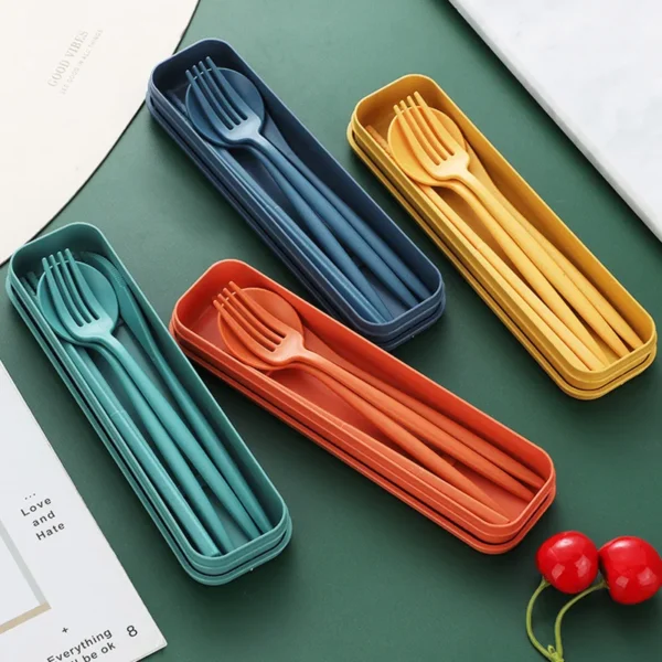 4Pcs Wheat Straw Dinnerware Set Portable ravel Cutlery Reusable Chopstick Fork Knife Spoon Tableware Utensil Box Chopsticks Set - Image 2