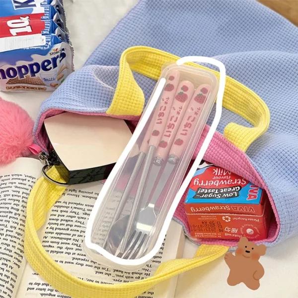Ceramic Handle Dinnerware Strawberry Chopsticks Spoon Fork Cutlery Set with Case Portable Travel Stainless Steel Tableware - Image 5