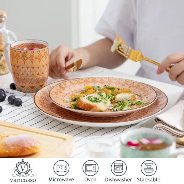 vancasso 16/32-Piece 4-Color 4-Design Porcelain Dinnerware Set Plate Set with 4PCS Dinner Plate,Dessert Plate,Bowl,Mug Set - Image 3